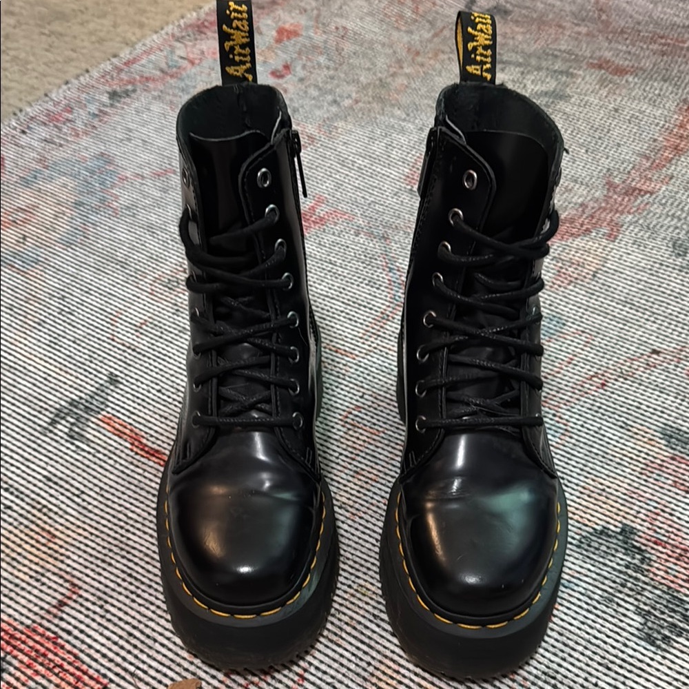 Dr. Martens Shiny Black Boots with Yellow Stitching